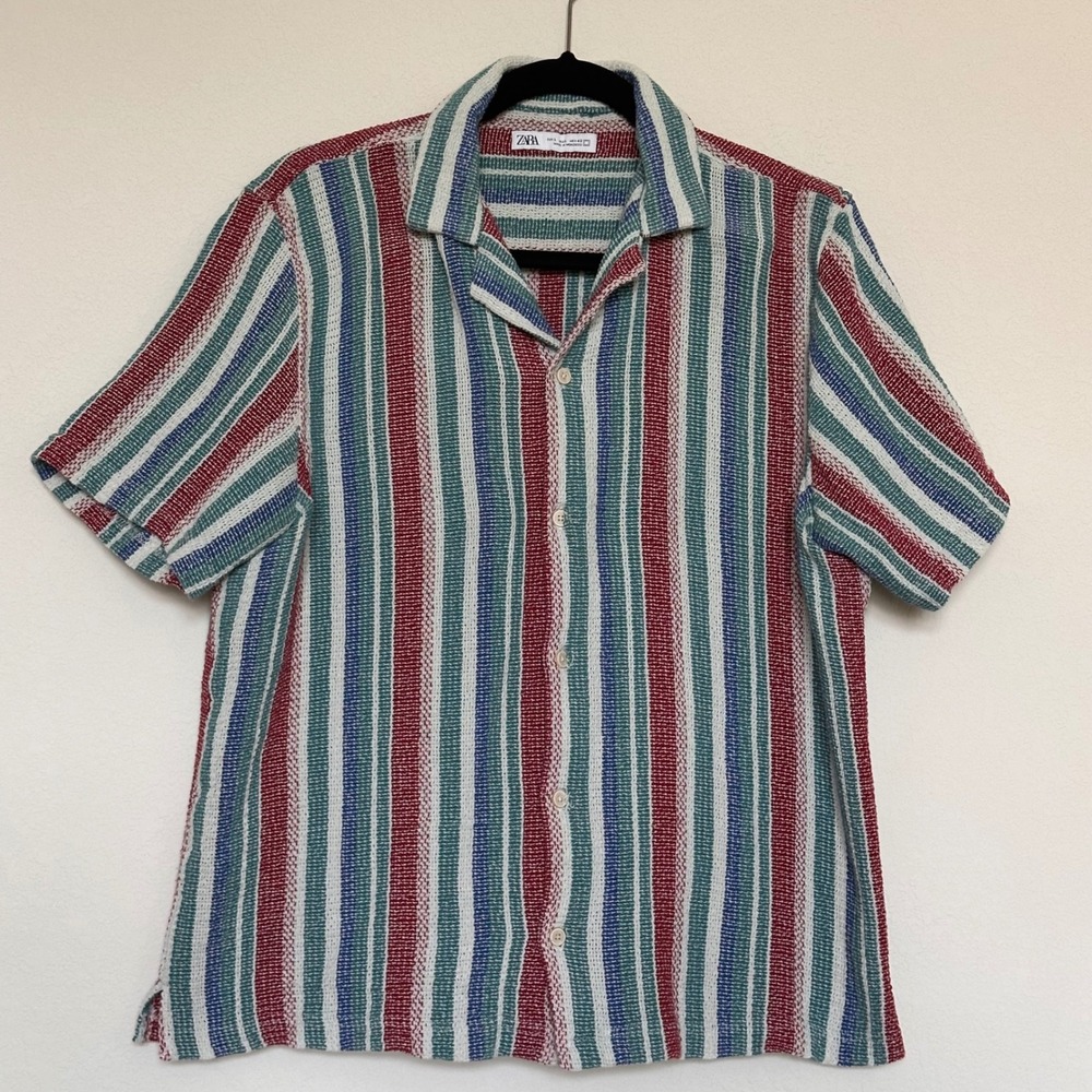 Zara Mens Large Multi Color Striped Textured Knit Short Sleeve Camp Collar Shirt